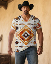 Men's Plus Size Creamy-white Western Denim Classic Color Printed V-Neck Short Sleeve T-Shirt